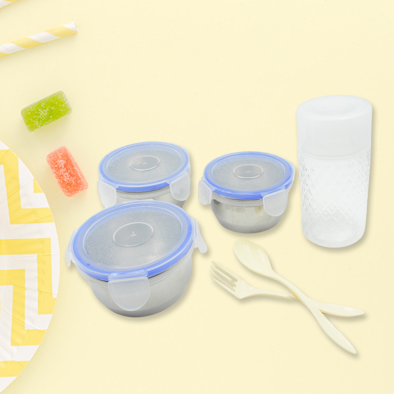 5773 6In1 Tiffin Box-Lunch Box | 3 Stainless Steel Containers | Plastic lid Box | Spoon & Fork /Plastic Bottle | Insulated Fabric Bag | Leak Proof | Microwave Safe for Office, College and School for Men, Women (6 pcs) 5773 6In1 Tiffin Box-Lunch Box | 3 Stainless Steel Containers | Plastic lid Box | Spoon & Fork /Plastic Bottle | Insulated Fabric Bag | Leak Proof | Microwave Safe for Office, College and School for Men, Women (6 pcs)